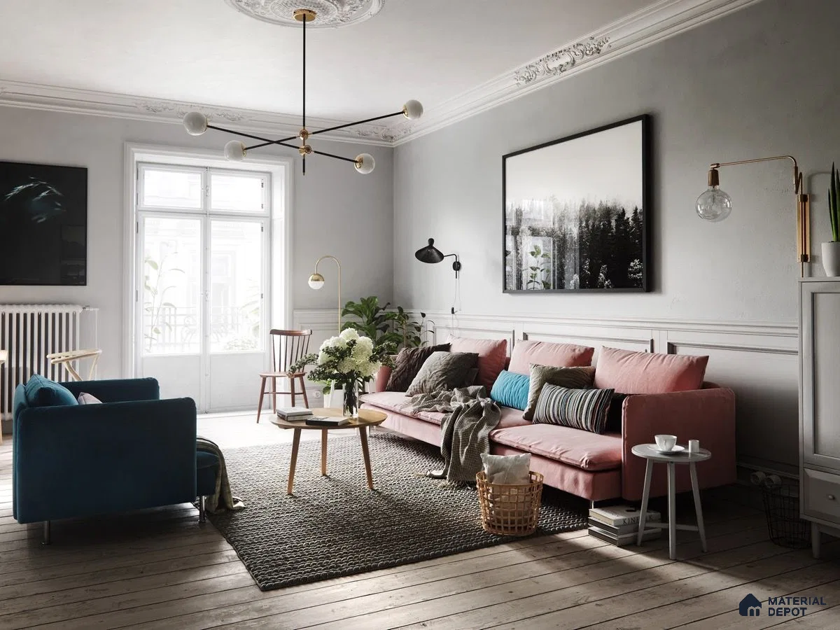a living room filled with lots of furniture and a large windows in the center of the ceiling fan next to a kitchen and wooden floor in front of a dining room with white counter top of a dining
